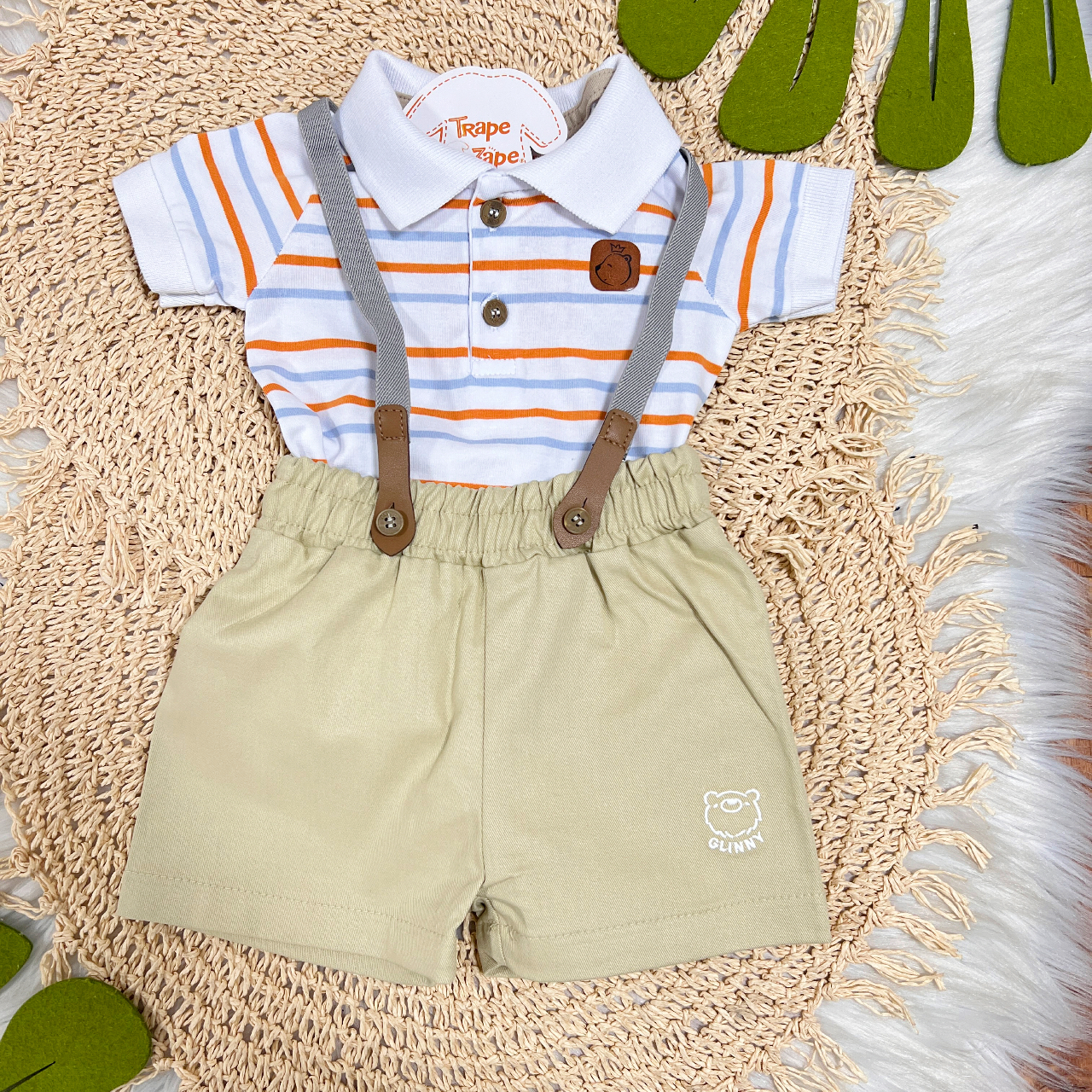Conj. Body Gola Polo Listrado e Bermuda com Suspensório - Laranja e Areia
